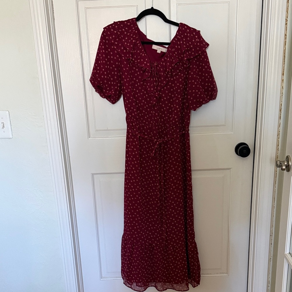 LOFT Wine Red Floral Midi Dress